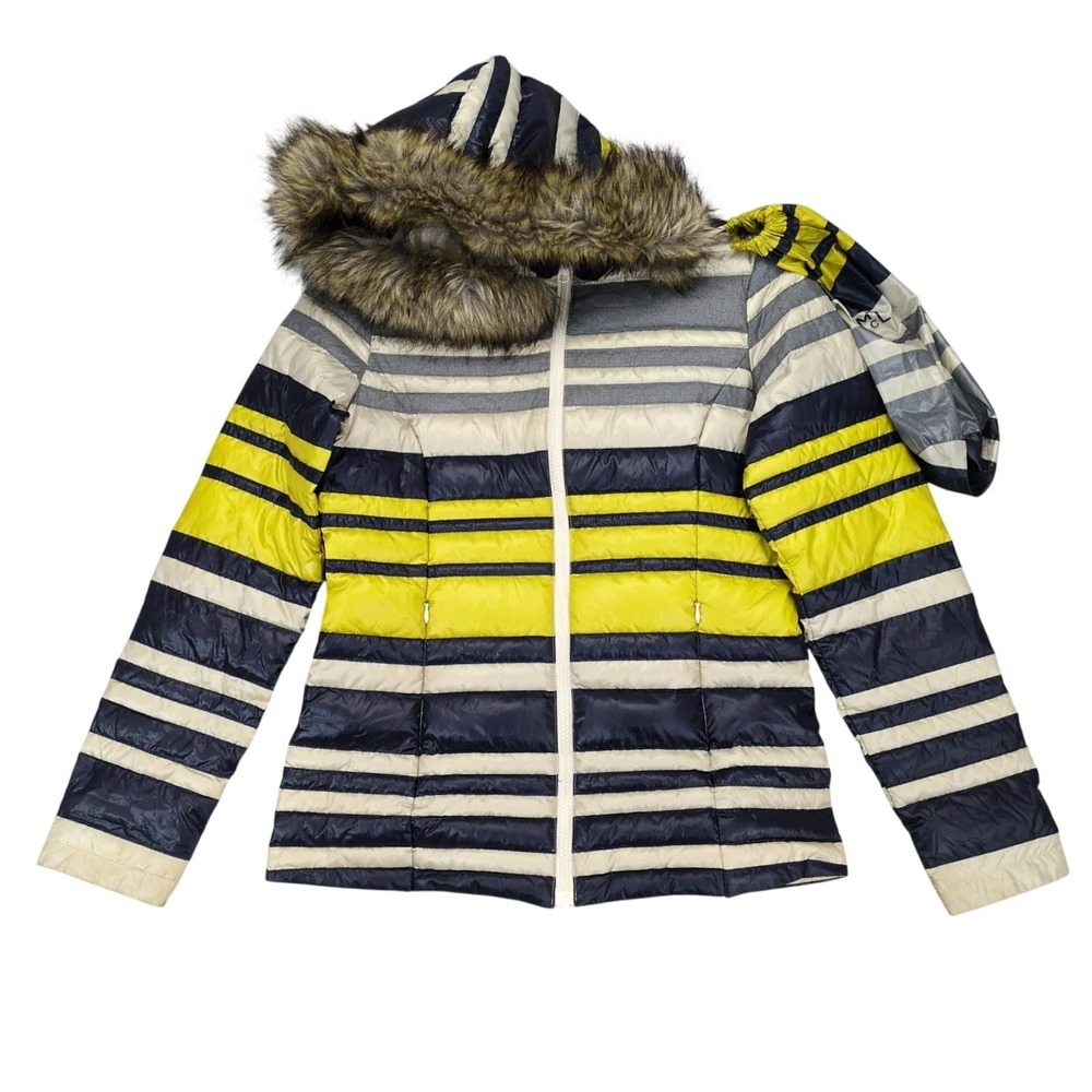 J. McLaughlin Navy Striped Down Puffer Jacket Womens S Packable Fur Trim Hood